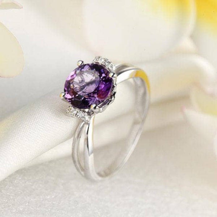14K White Gold Purple Amethyst Natural Diamond Ring