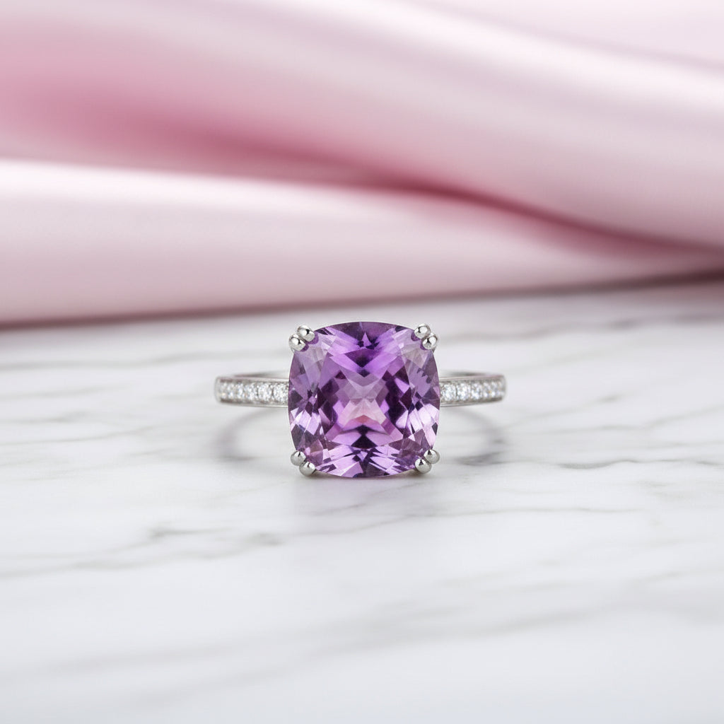 14k White Gold Purple Cushion Cut Amethyst Ring-Black Diamonds New York