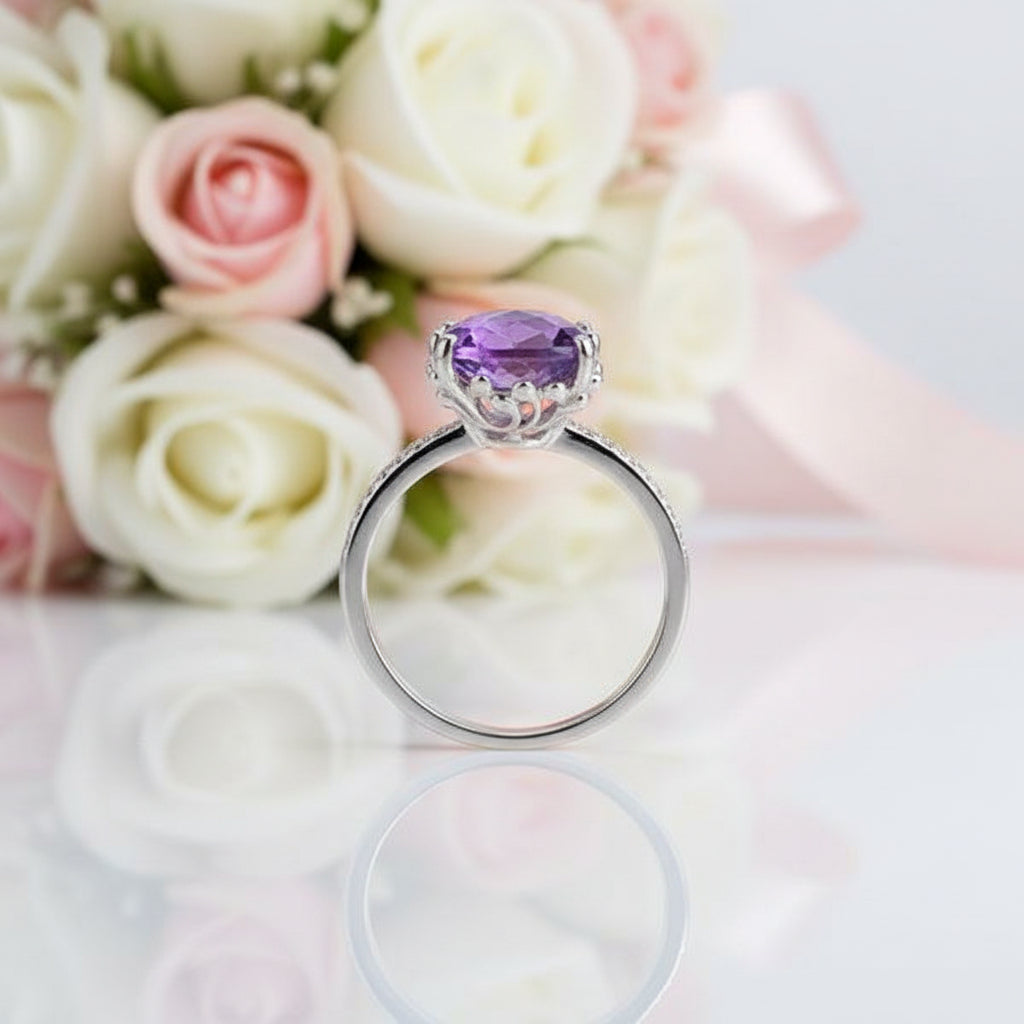 14k White Gold Purple Cushion Cut Amethyst Ring-Black Diamonds New York