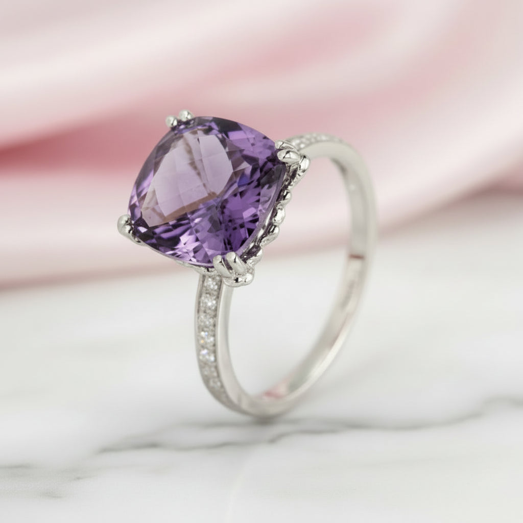 14k White Gold Purple Cushion Cut Amethyst Ring-Black Diamonds New York