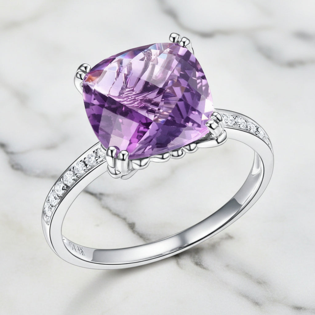 14k White Gold Purple Cushion Cut Amethyst Ring-Black Diamonds New York