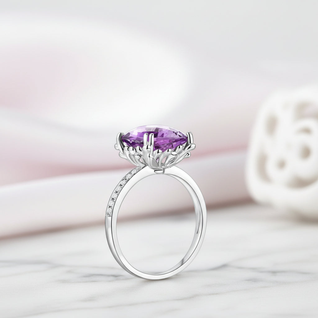 14k White Gold Purple Cushion Cut Amethyst Ring-Black Diamonds New York