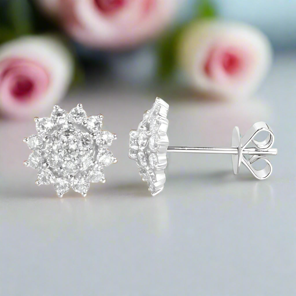 14K White Gold Sunflower Halo CVD Lab Diamond Stud Earrings-Black Diamonds New York