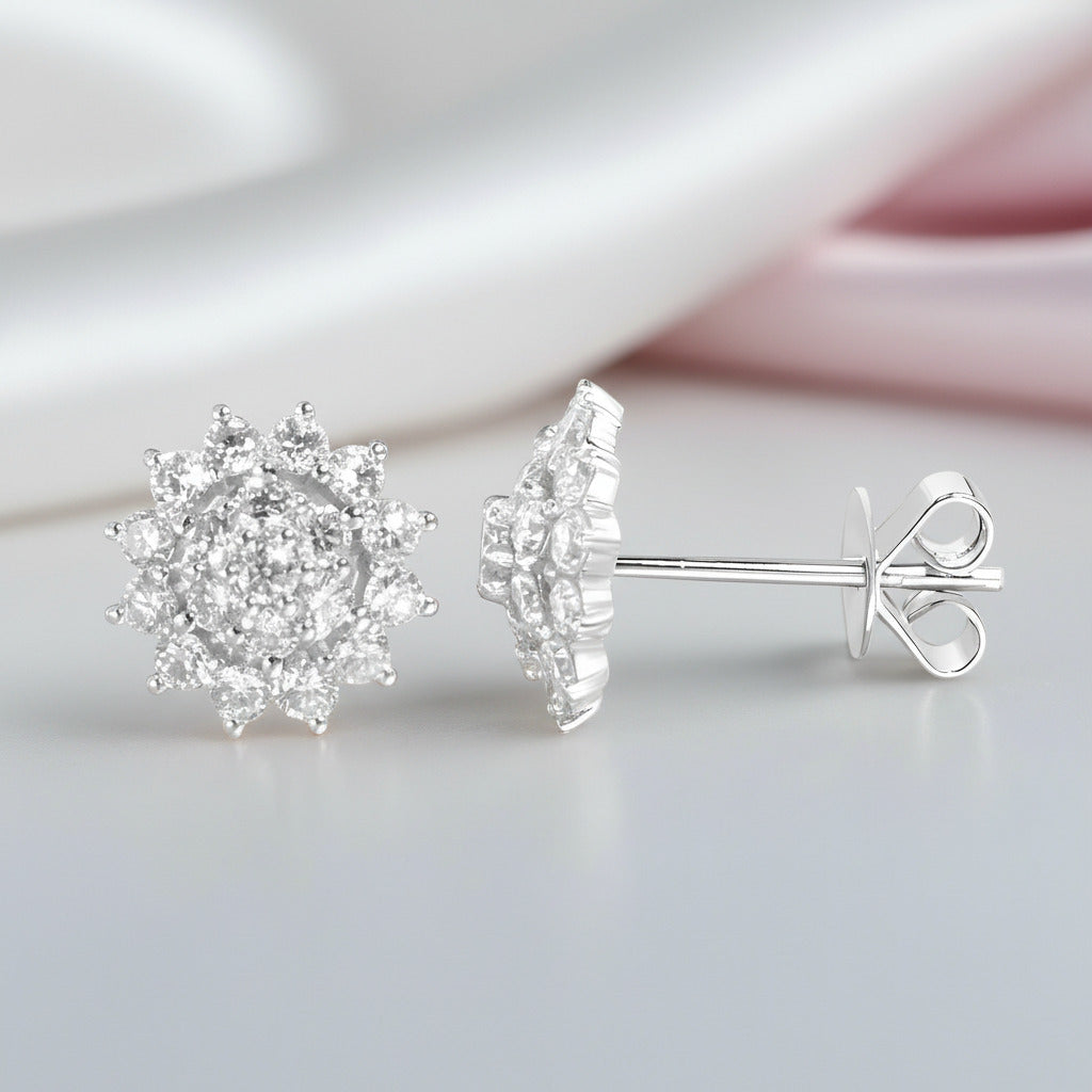 14K White Gold Sunflower Halo CVD Lab Diamond Option Stud Earrings-Black Diamonds New York