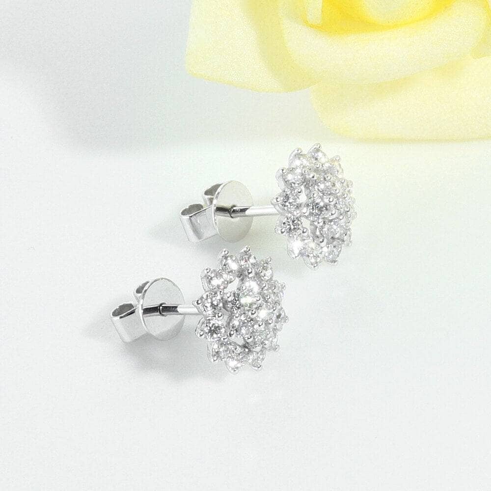 14k White Gold Sunflower Halo CVD Lab Diamond Stud Earrings-Black Diamonds New York