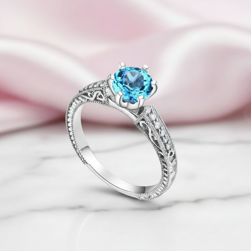 14k White Gold Swiss Blue Topaz Diamond Option Vintage Ring-Black Diamonds New York