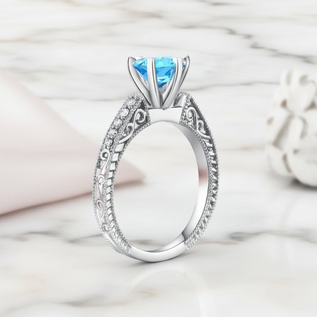 14k White Gold Swiss Blue Topaz Diamond Option Vintage Ring-Black Diamonds New York
