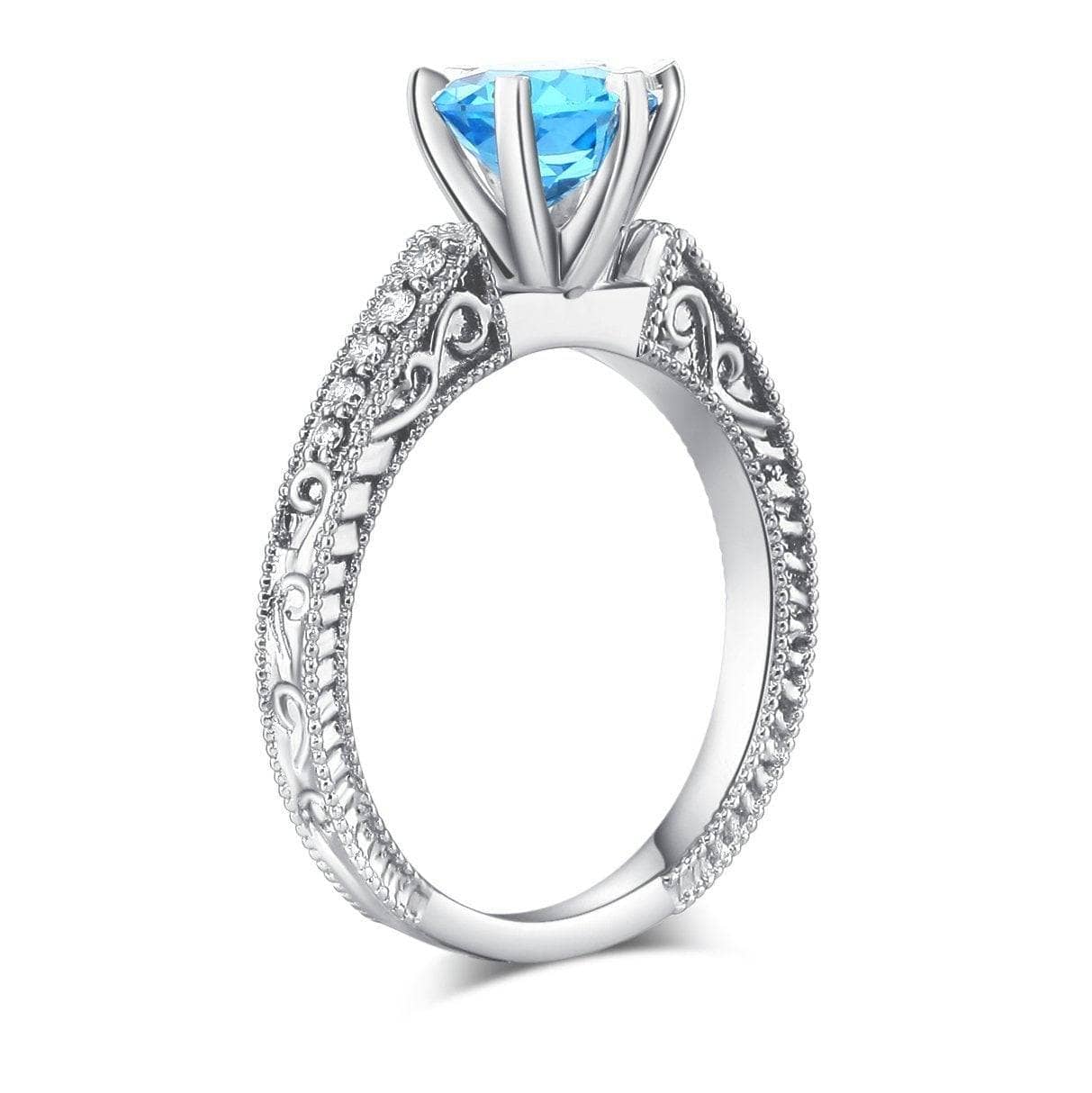 14K White Gold Swiss Blue Topaz Natural Diamond Vintage Ring-Black Diamonds New York