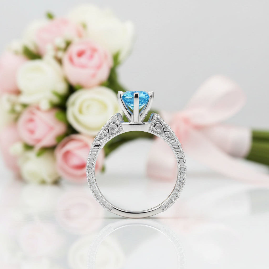 14k White Gold Swiss Blue Topaz Diamond Option Vintage Ring-Black Diamonds New York