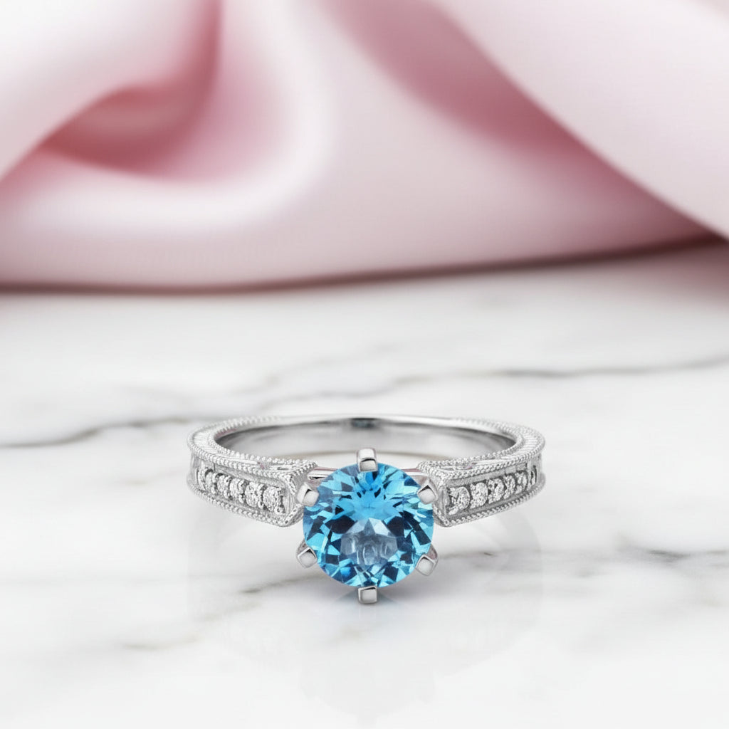 14k White Gold Swiss Blue Topaz Diamond Option Vintage Ring-Black Diamonds New York