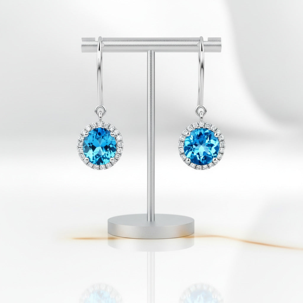 14k White Gold Swiss Blue Topaz with 0.298 Ct Diamond Option Earrings-Black Diamonds New York