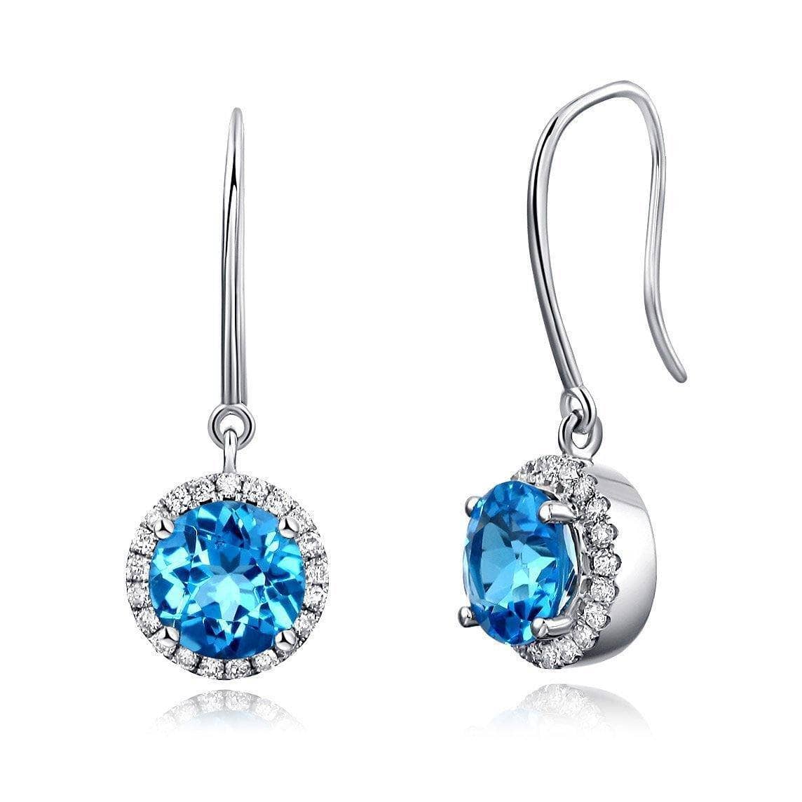 14K White Gold Swiss Blue Topaz with Natural 0.298 Ct Diamonds Dangle Earrings-Black Diamonds New York
