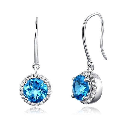 14K White Gold Swiss Blue Topaz with Natural 0.298 Ct Diamonds Dangle Earrings - Black Diamonds New York