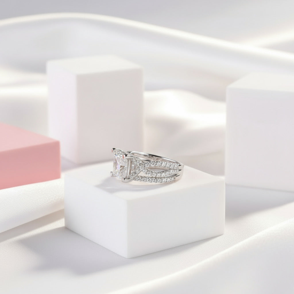 14K White Gold Twist Band 1ct Princess Cut Diamond Ring-Black Diamonds New York