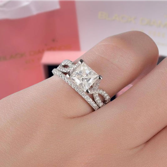 14K White Gold Twist Band 1ct Princess Cut Moissanite Ring - Black Diamonds New York
