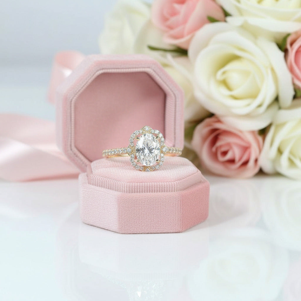 14K Yellow Gold 1.5ct Oval Cut Flower Halo Engagement Ring-Black Diamonds New York