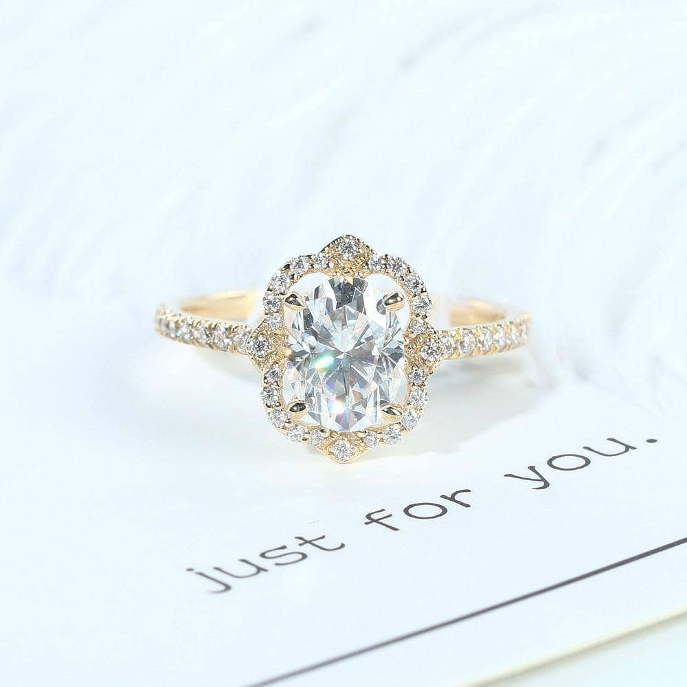 14K Yellow Gold 1.5ct Oval Cut Flower Halo Engagement Ring-Black Diamonds New York
