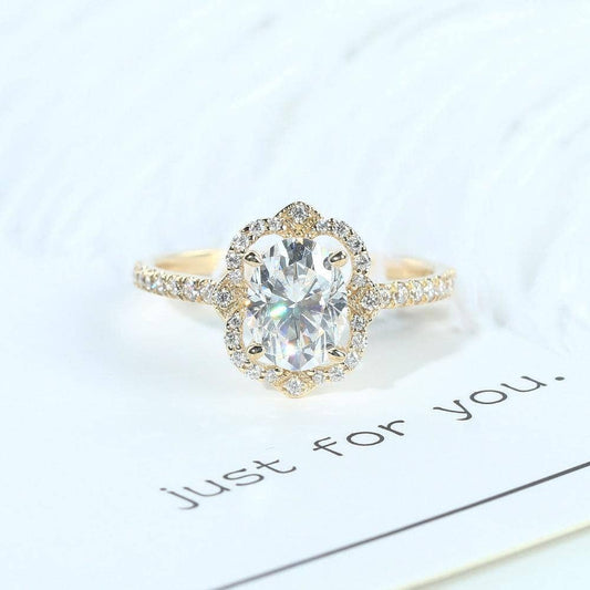 14K Yellow Gold 1.5ct Oval Cut Flower Halo Engagement Ring - Black Diamonds New York