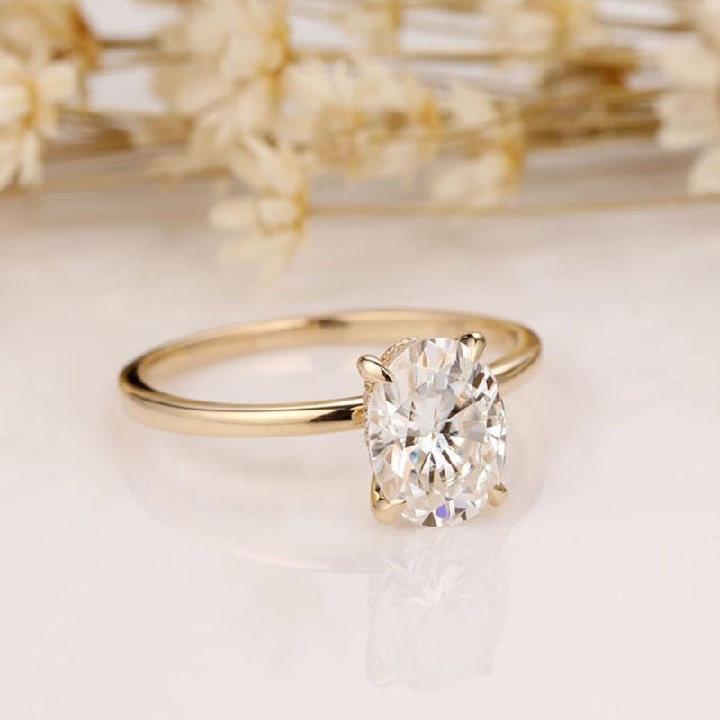 14K Yellow Gold 1.5ct Oval Cut Moissanite Halo Engagement Ring - Black Diamonds New York
