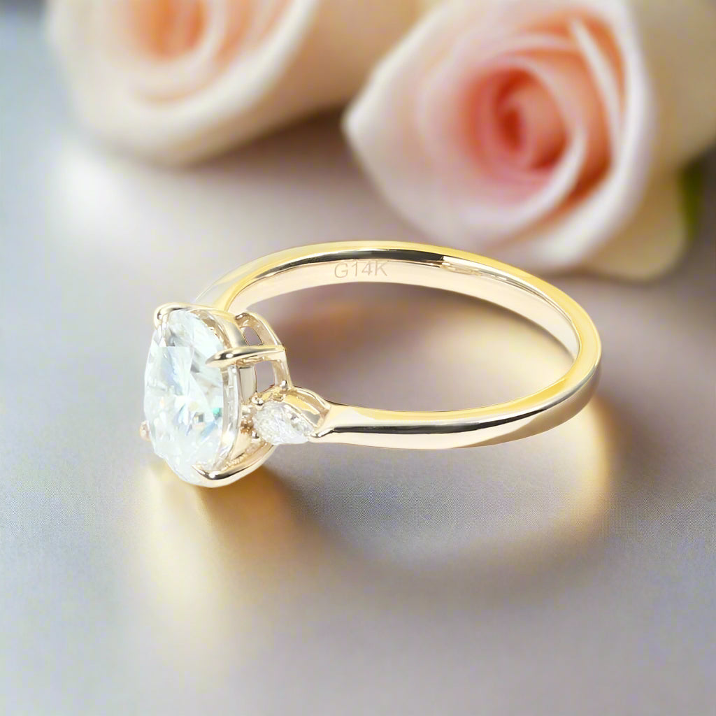 14k Yellow Gold 1ct 5*7mm Oval Cut Diamond Three Stone Engagement Ring-Black Diamonds New York