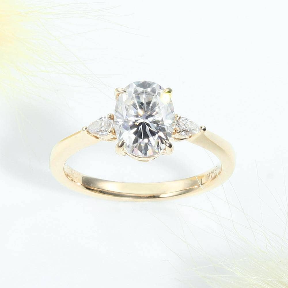 14K Yellow Gold 1ct 5*7mm Oval Cut Moissanite Three Stone Engagement Ring-Black Diamonds New York