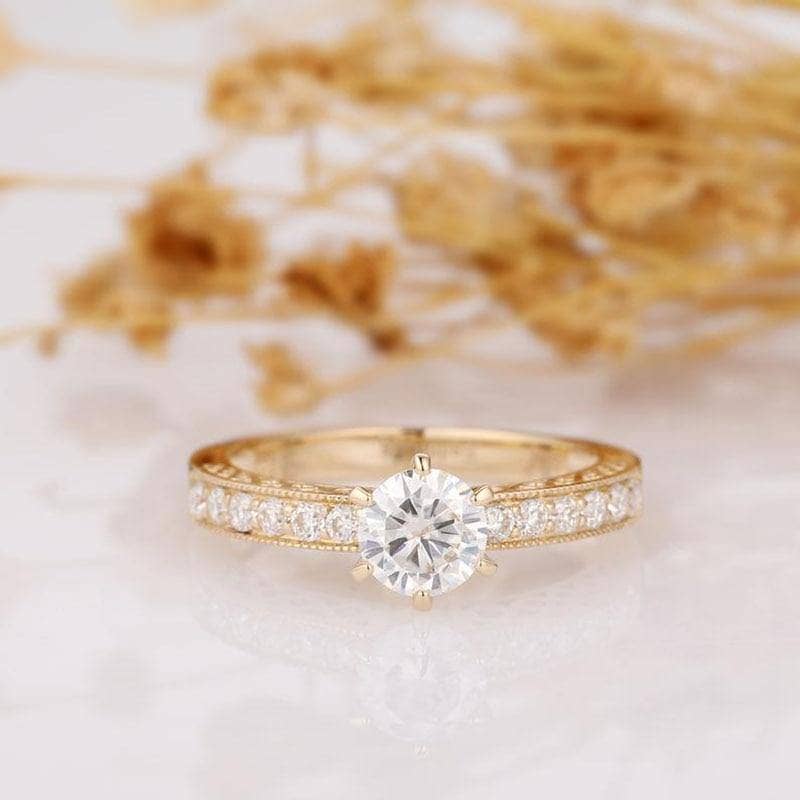 14k Yellow Gold 1ct Moissanite Filigree Style Engagement Ring-Black Diamonds New York