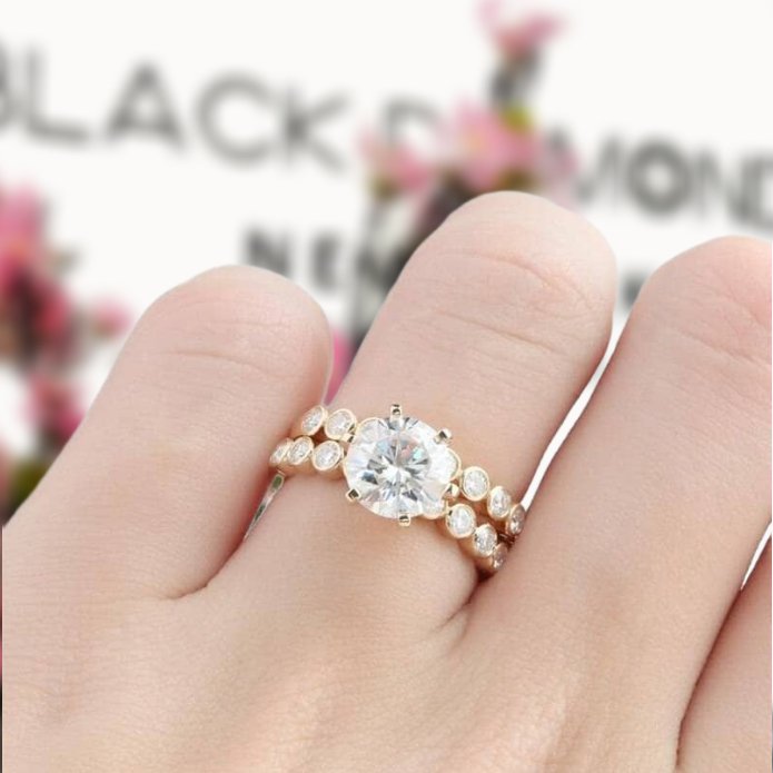 14k Yellow Gold 2ct Round Cut Moissanite Engagement Ring Set - Black Diamonds New York