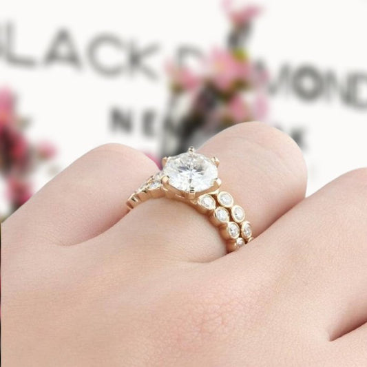 14k Yellow Gold 2ct Round Cut Moissanite Engagement Ring Set-Black Diamonds New York