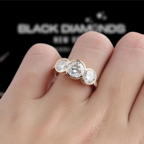 14K Yellow Gold 3.1ct Round Moissanite Three Stone Engagement Ring-Black Diamonds New York