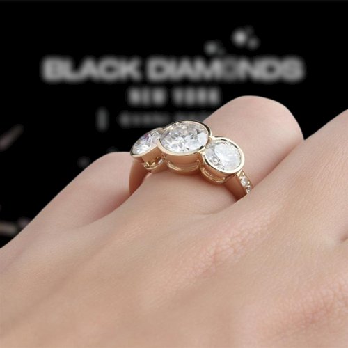14K Yellow Gold 3.1ct Round Moissanite Three Stone Engagement Ring - Black Diamonds New York