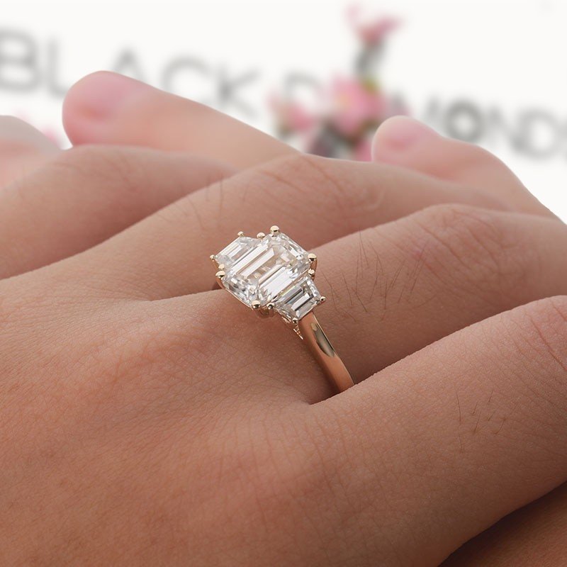 14K Yellow Gold Emerald Cut Moissanite Baguette Engagement Ring - Black Diamonds New York