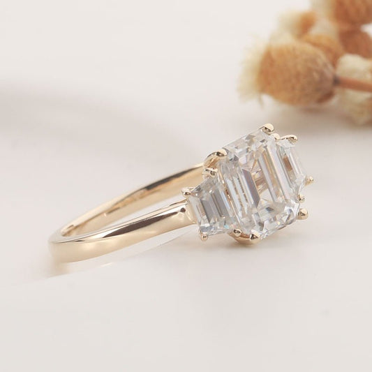 14K Yellow Gold Emerald Cut Moissanite Baguette Engagement Ring-Black Diamonds New York