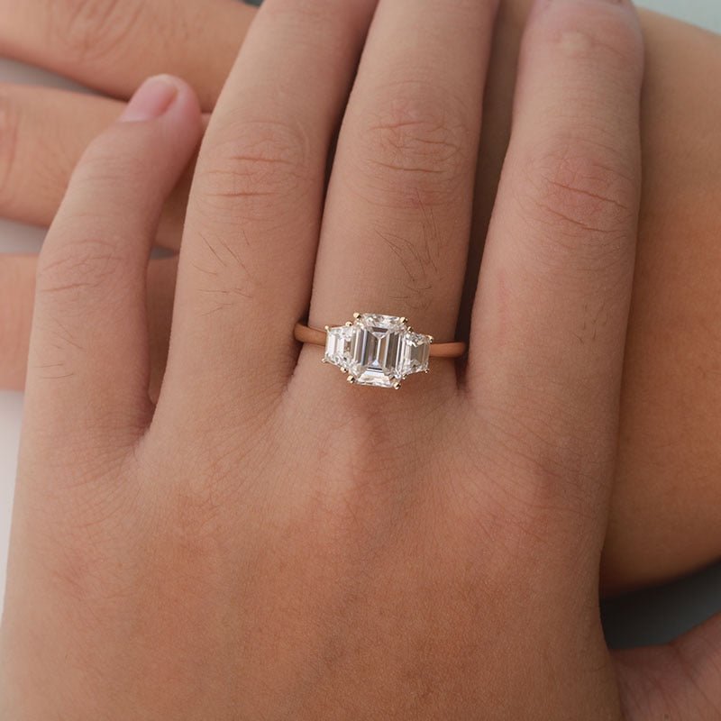 14K Yellow Gold Emerald Cut Moissanite Baguette Engagement Ring - Black Diamonds New York
