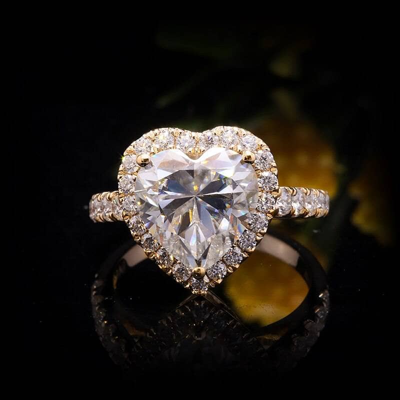 14k Yellow Gold Heart Cut 4.0ct 10mm Moissanite Halo Engagement Ring - Black Diamonds New York