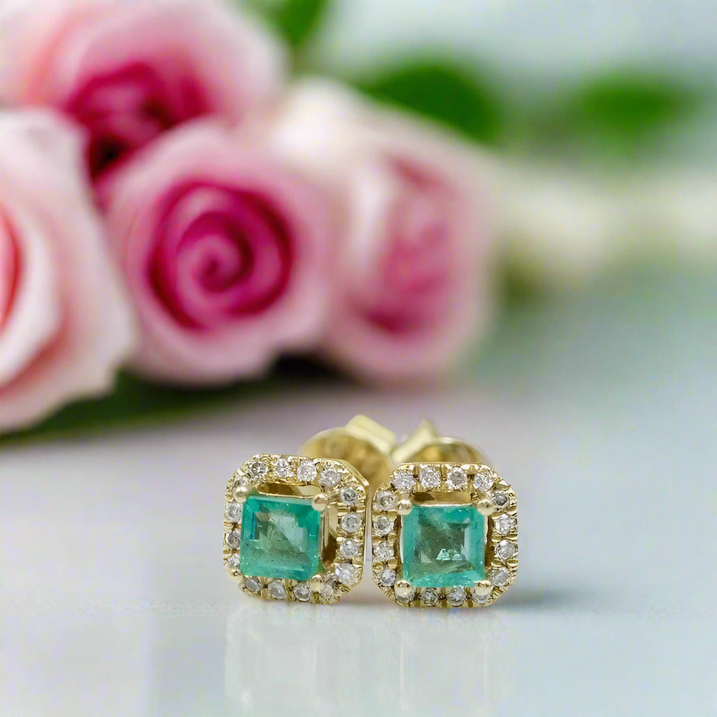 14k Yellow Gold Emerald with Diamond Halo Stud Earrings-Black Diamonds New York
