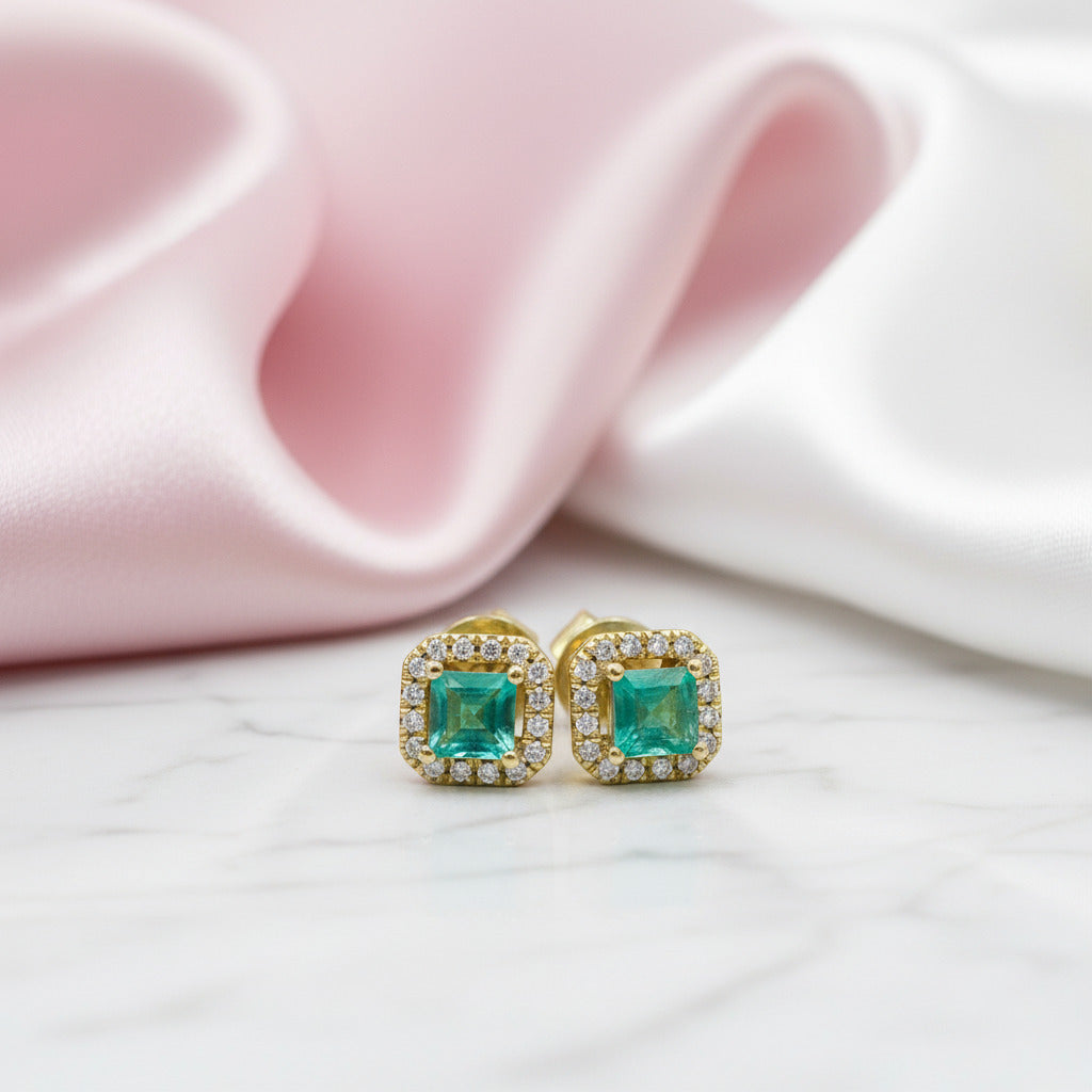14k Yellow Gold Emerald with Diamond Option Halo Stud Earrings-Black Diamonds New York
