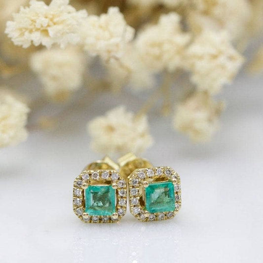 14K Yellow Gold Natural Emerald with Moissanite Halo Stud Earrings-Black Diamonds New York