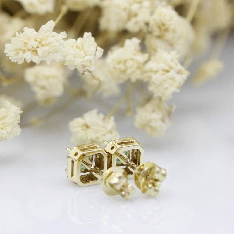 14k Yellow Gold Natural Emerald with Diamond Halo Stud Earrings-Black Diamonds New York