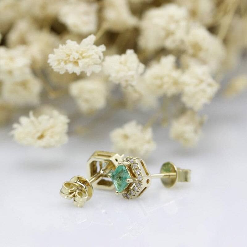 14k Yellow Gold Natural Emerald with Diamond Halo Stud Earrings-Black Diamonds New York