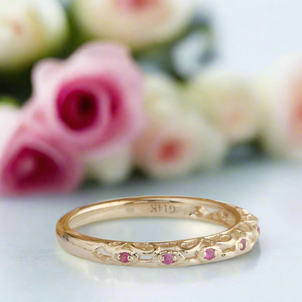 14k Yellow Gold Natural Red Ruby Stack Half Eternity Ring Band-Black Diamonds New York