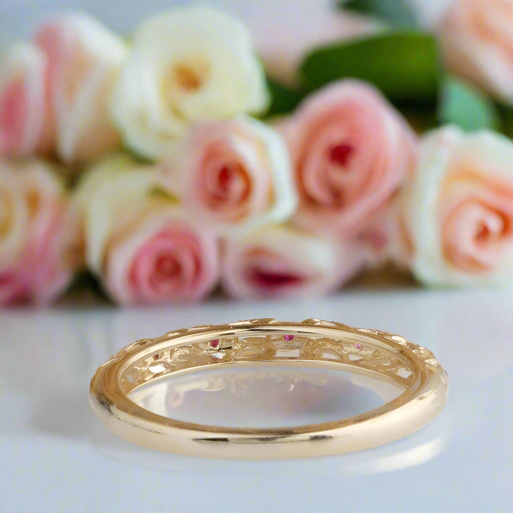 14k Yellow Gold Natural Red Ruby Stack Half Eternity Ring Band-Black Diamonds New York