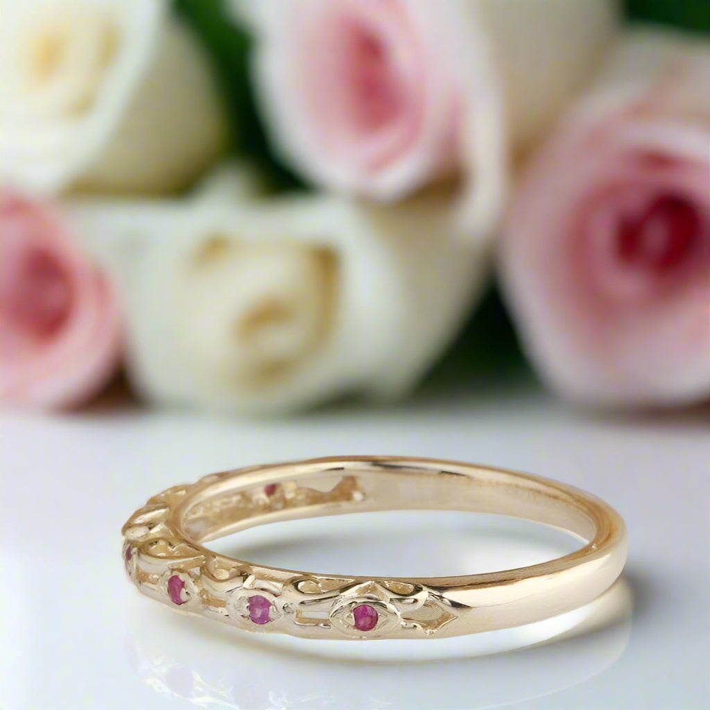 14k Yellow Gold Natural Red Ruby Stack Half Eternity Ring Band-Black Diamonds New York