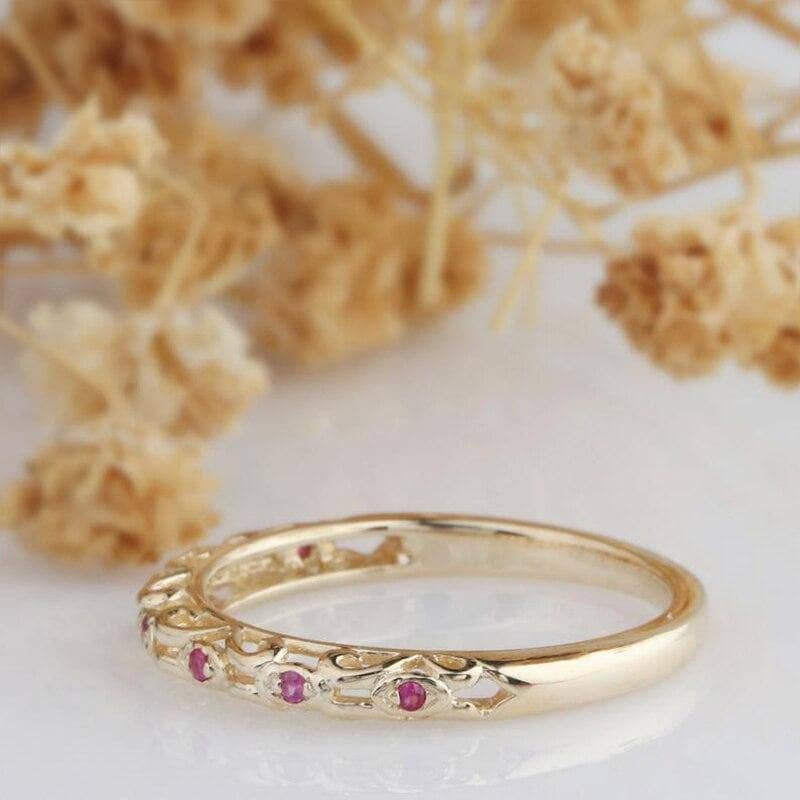 14k Yellow Gold Natural Red Ruby Stack Half Eternity Ring Band-Black Diamonds New York