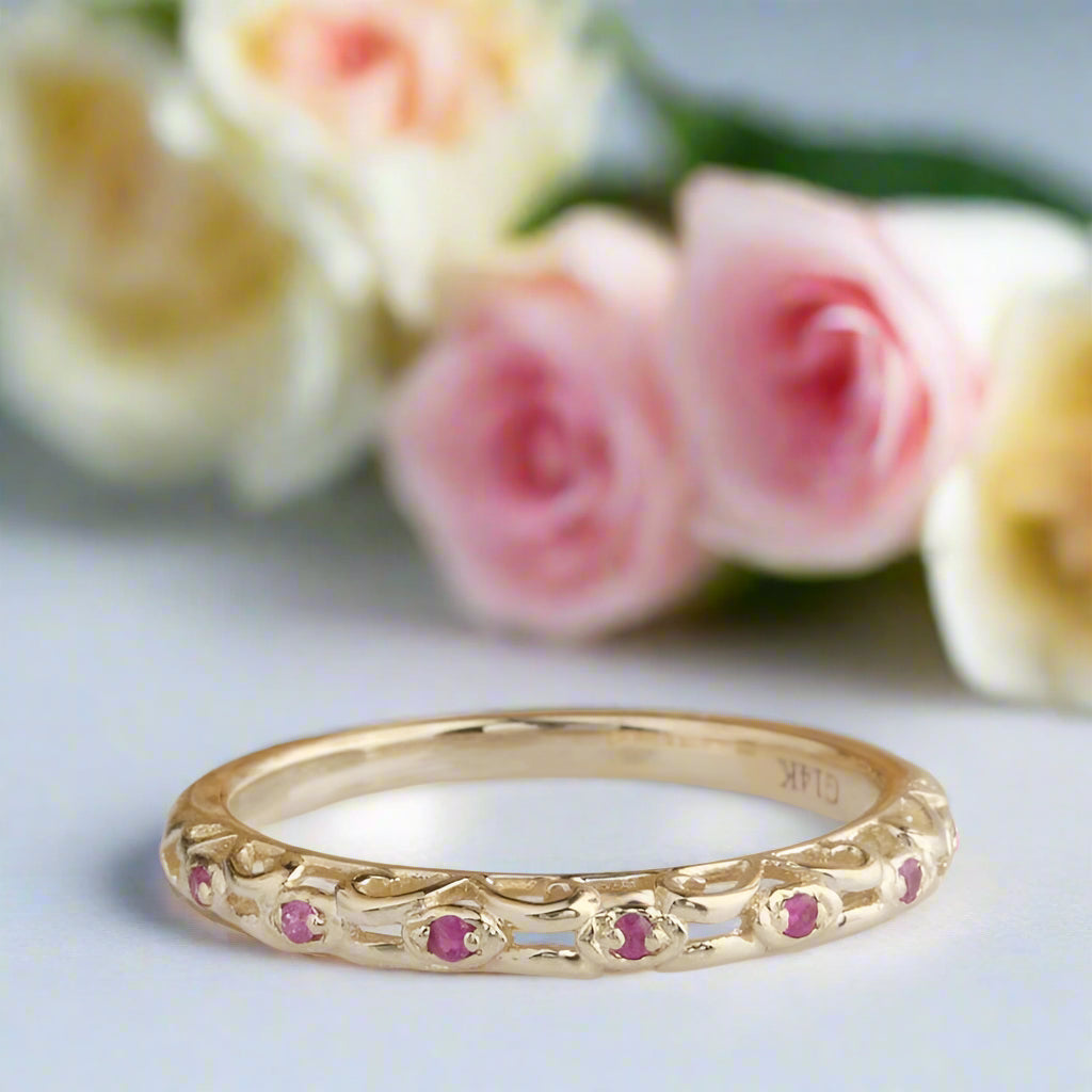 14k Yellow Gold Natural Red Ruby Stack Half Eternity Ring Band-Black Diamonds New York