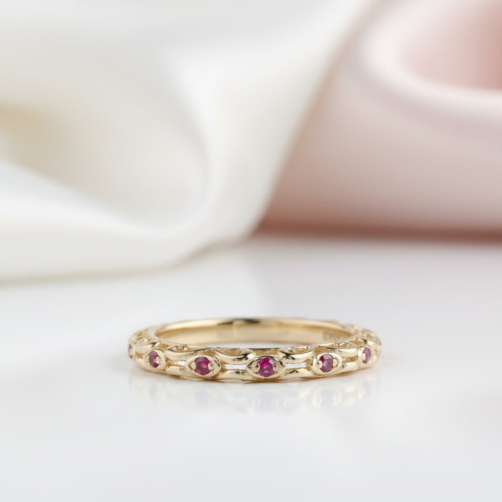 14k Yellow Gold Red Ruby Stack Half Eternity Ring Band-Black Diamonds New York