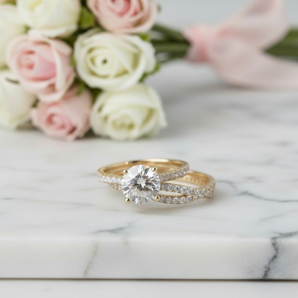 14K Yellow Gold Round Brilliant Cut Diamond Option Engagement Ring Set-Black Diamonds New York