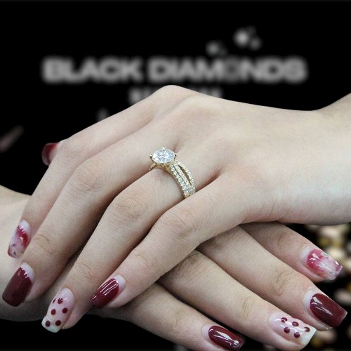 14K Yellow Gold Round Brilliant Cut Moissanite Engagement Ring Set - Black Diamonds New York