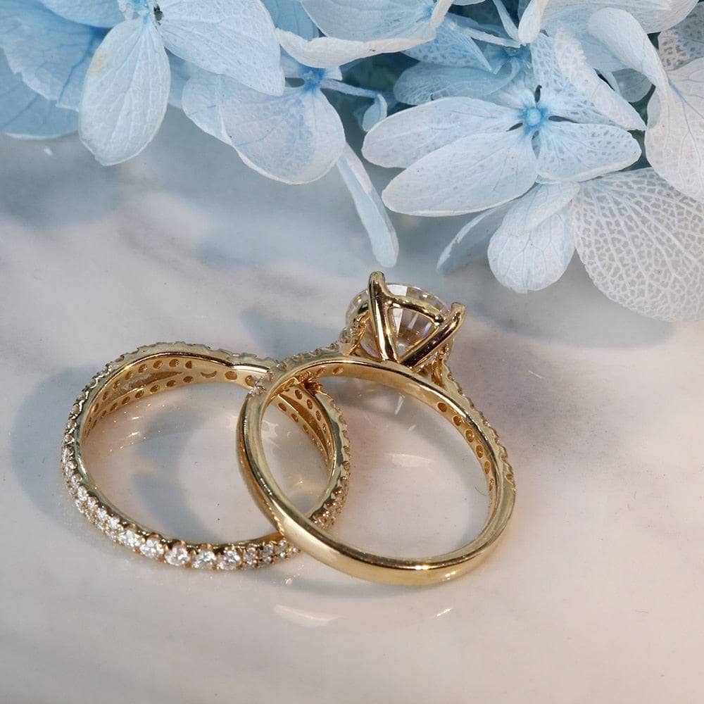 14K Yellow Gold Round Brilliant Cut Moissanite Engagement Ring Set-Black Diamonds New York