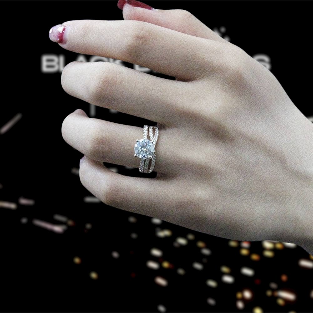 14K Yellow Gold Round Brilliant Cut Moissanite Engagement Ring Set-Black Diamonds New York