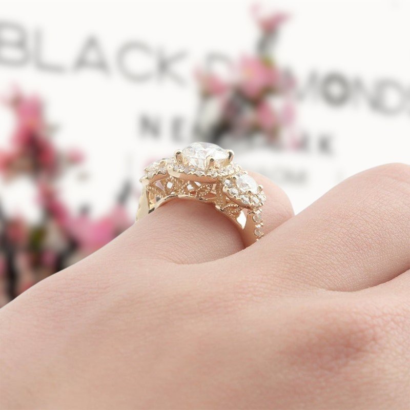 14K Yellow Gold Round Cut Moissanite 3 Stone Halo Engagement Ring - Black Diamonds New York